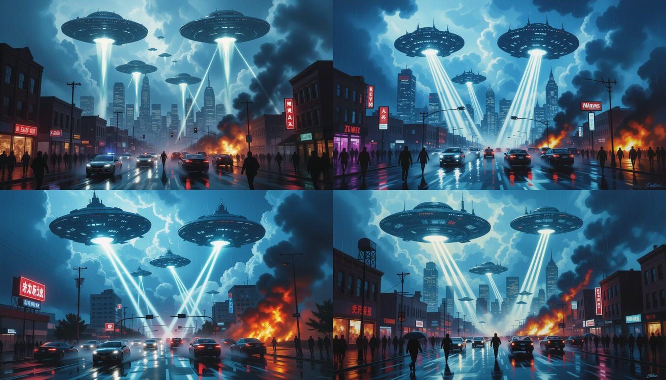 Alien Invasion Oil Painting of Modern City Under Stormy Skie...