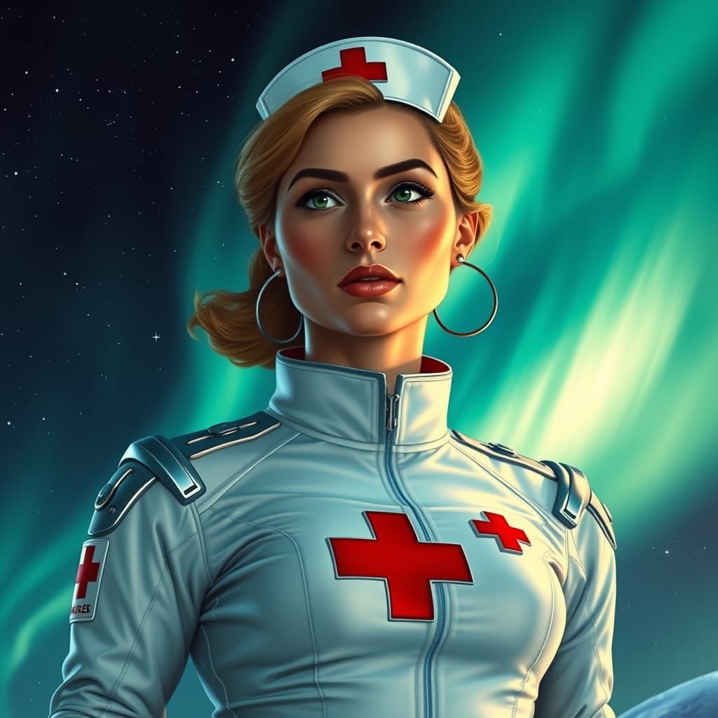 Glamorous Space Nurse Under Northern Lights