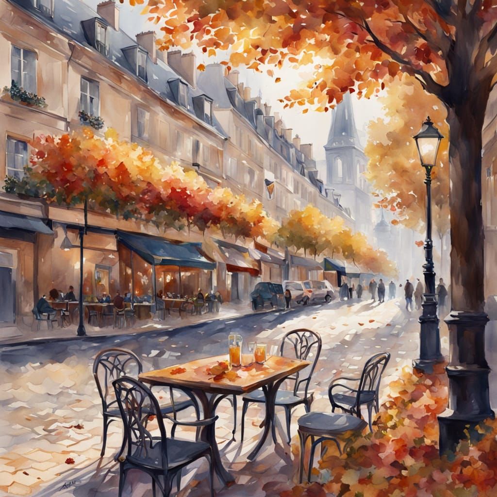 Autumn in Paris Watercolor Painting with Sun-Dappled Cafe