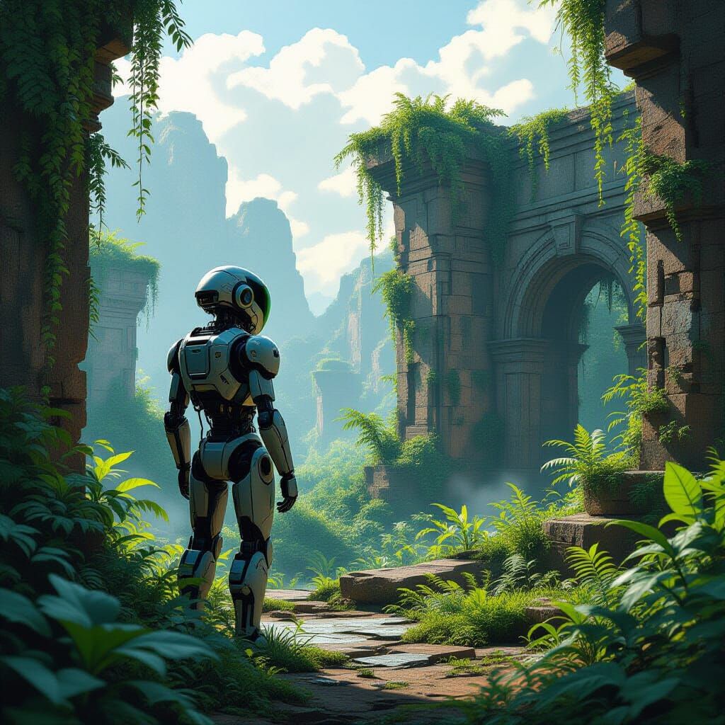 Robot in Overgrown Ruins: Retrofuturistic Landscape