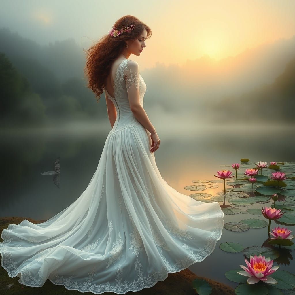 Ethereal Maiden Emerging from a Dream in Pre-Raphaelite Styl...