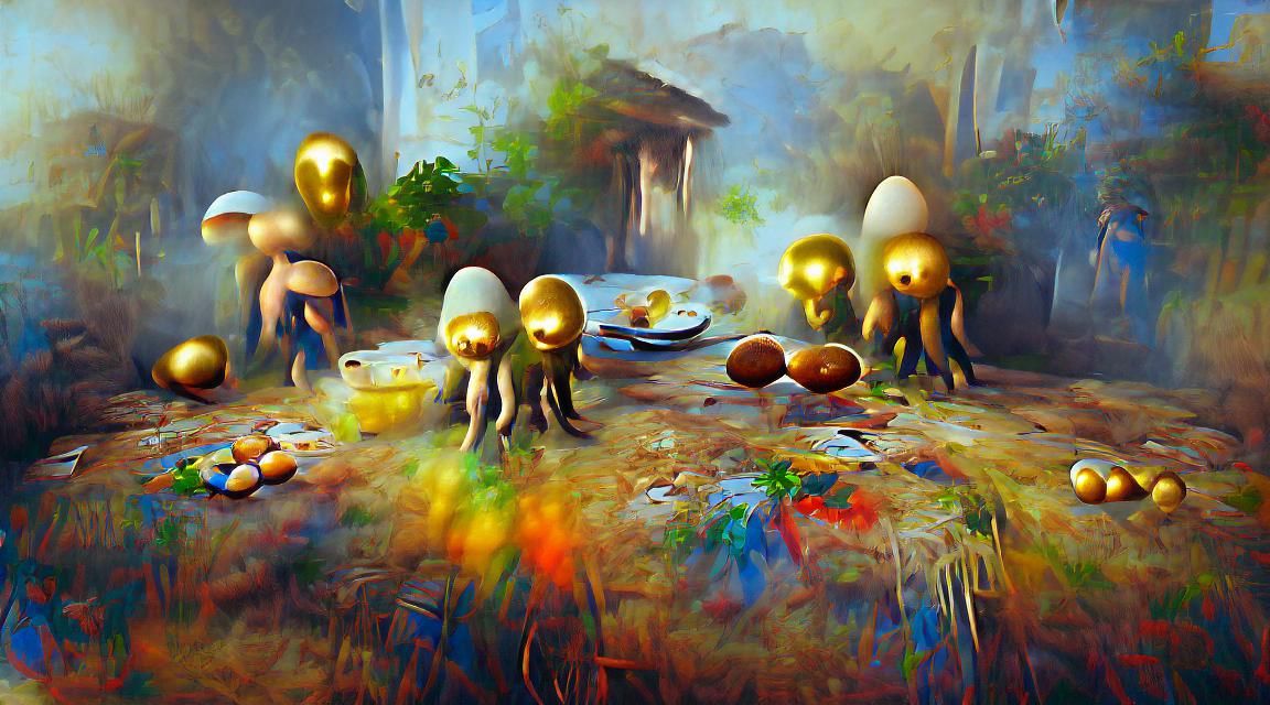 Golden Mushroom People Hide: An Iridescent Action Painting