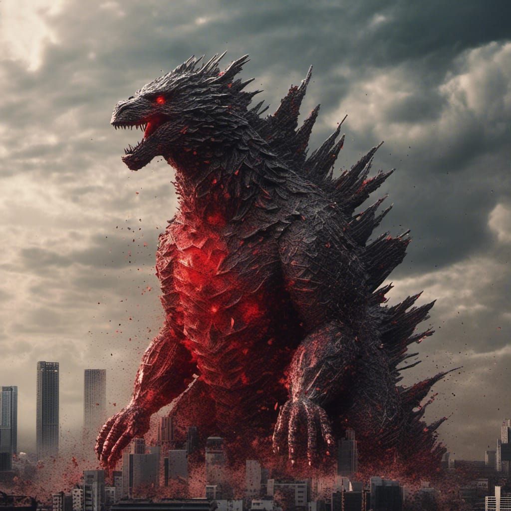 Godzilla with Red Dorsal Plates and Nuclear Explosion