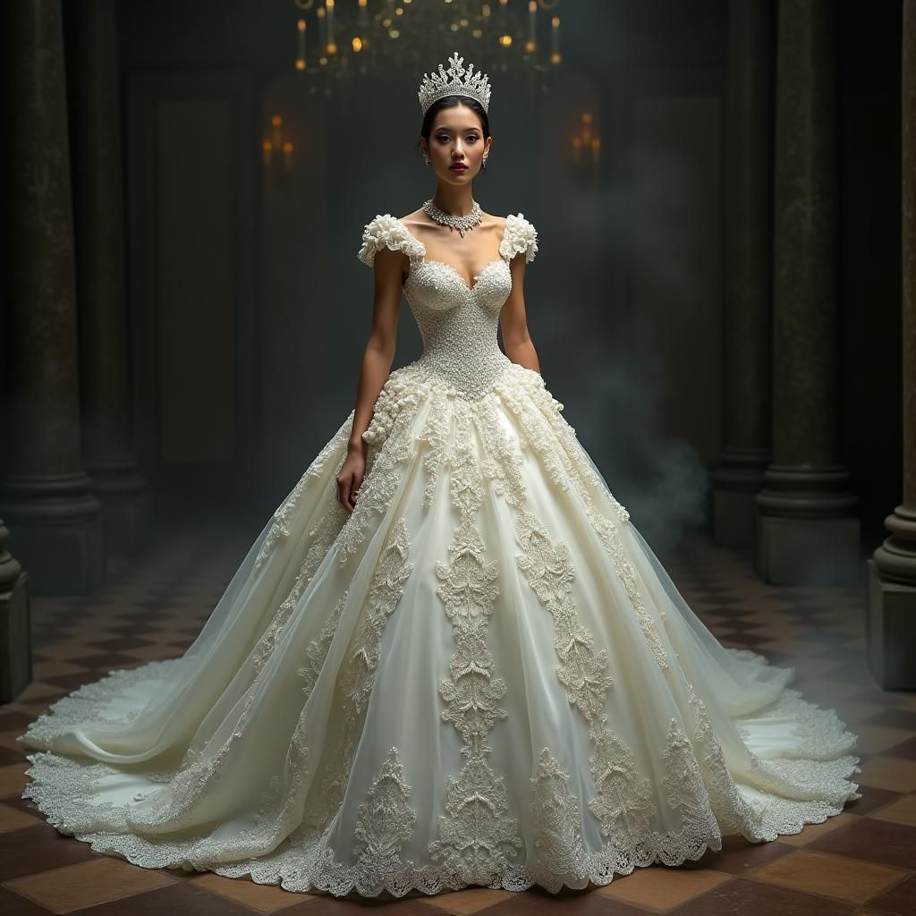 Regal Princess in Diamond Crown and Pearl Lace Gown