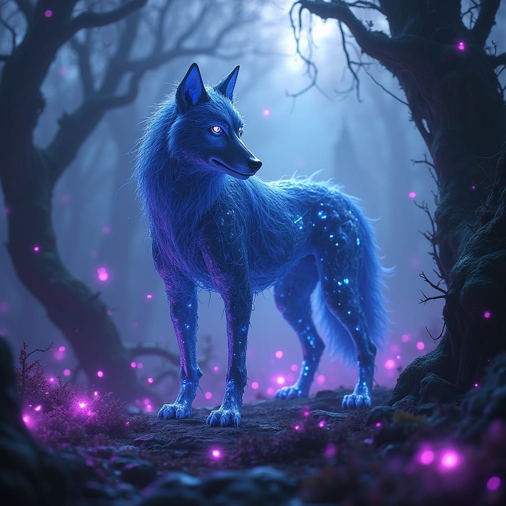 Cyborg Wolf in Enchanted Forest with Ethereal Purple Lights