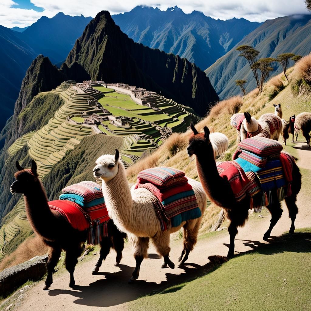 Incan Llama Caravan Across Andean Landscape