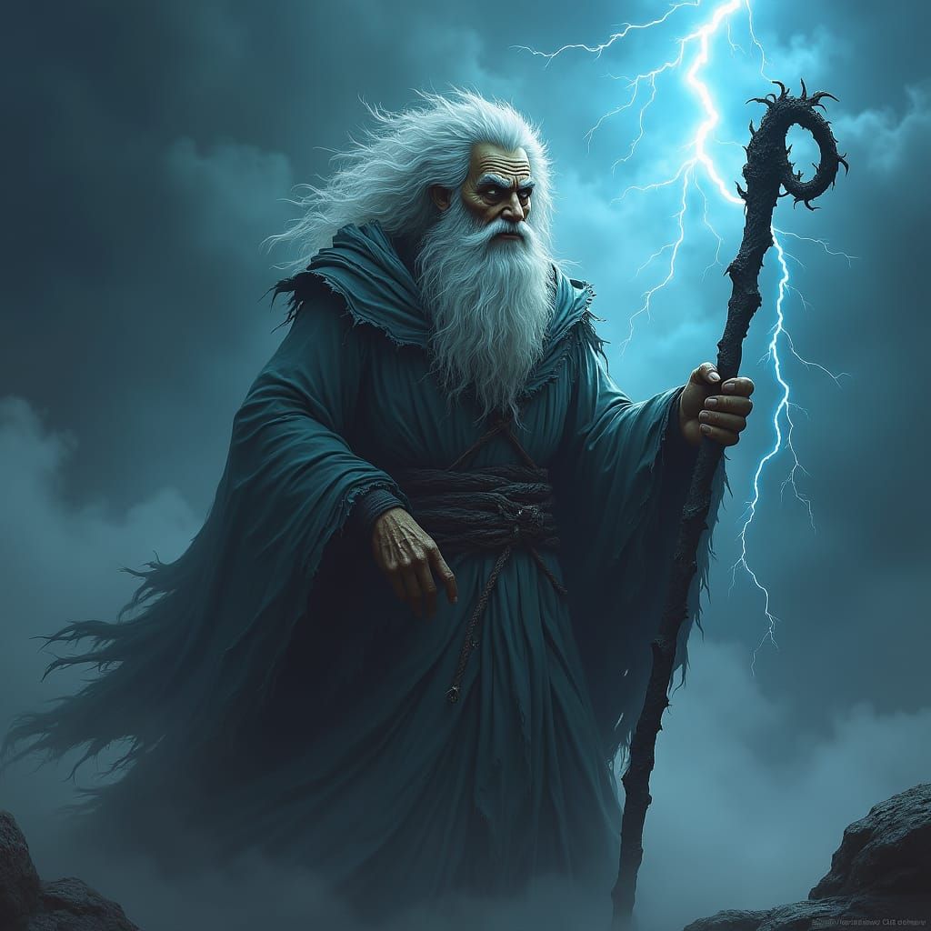 Towering Wizard in Storm, Detailed Matte Painting