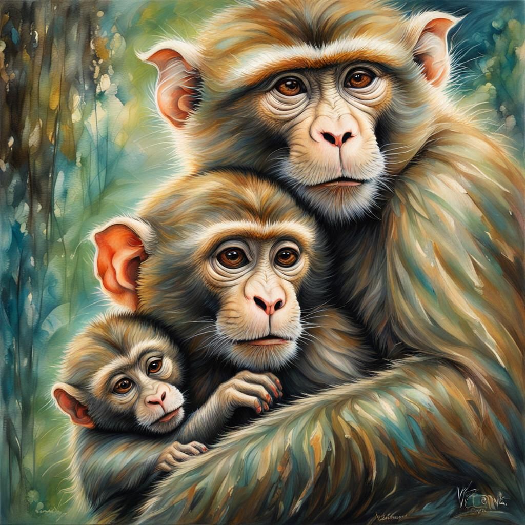 Macaque Mother and Baby Portrait in Oil Painting Style