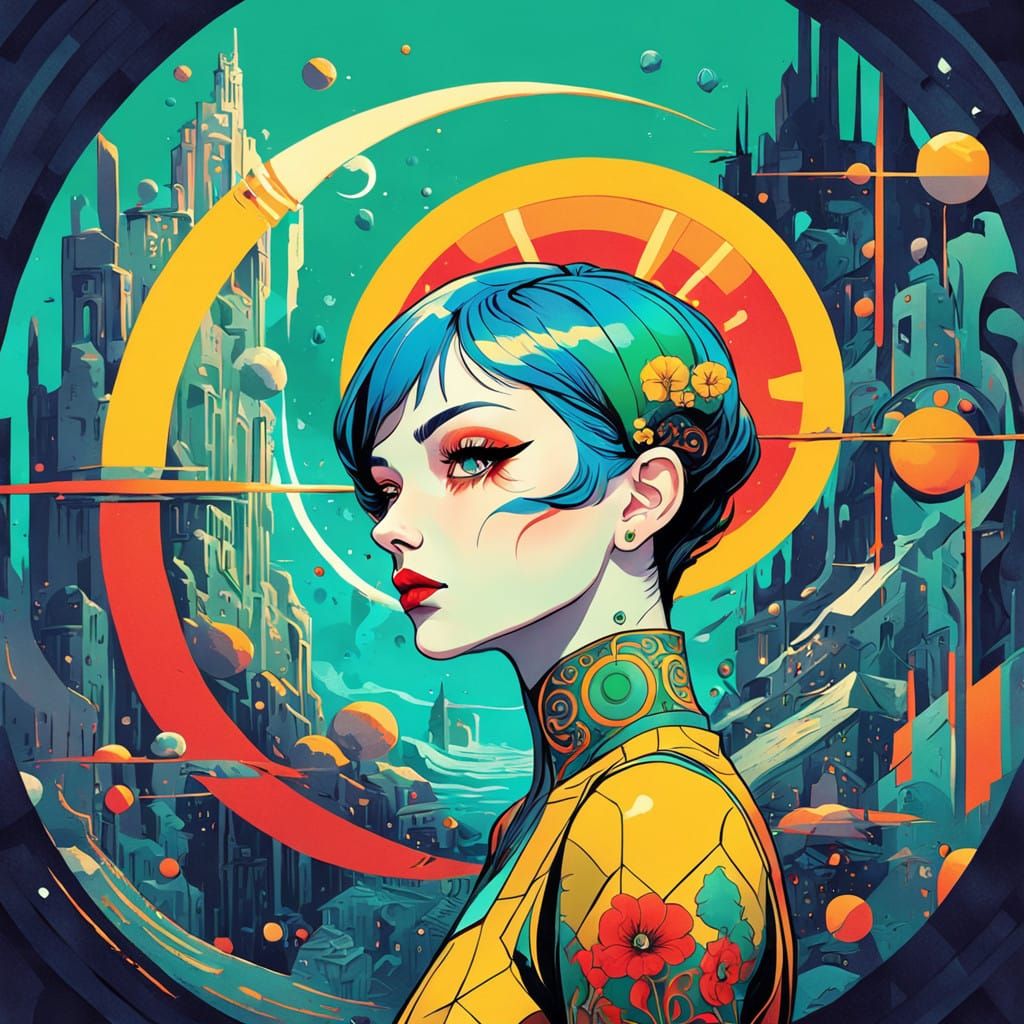 Symmetrical Goddess of Futuristic Ruins in Art Nouveau Style