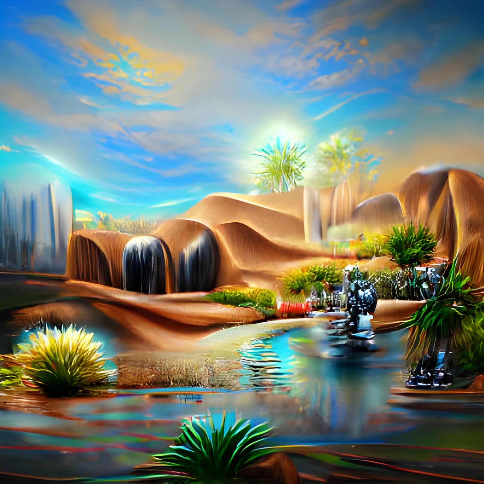 Desert Oasis: Detailed Holographic Oil Painting
