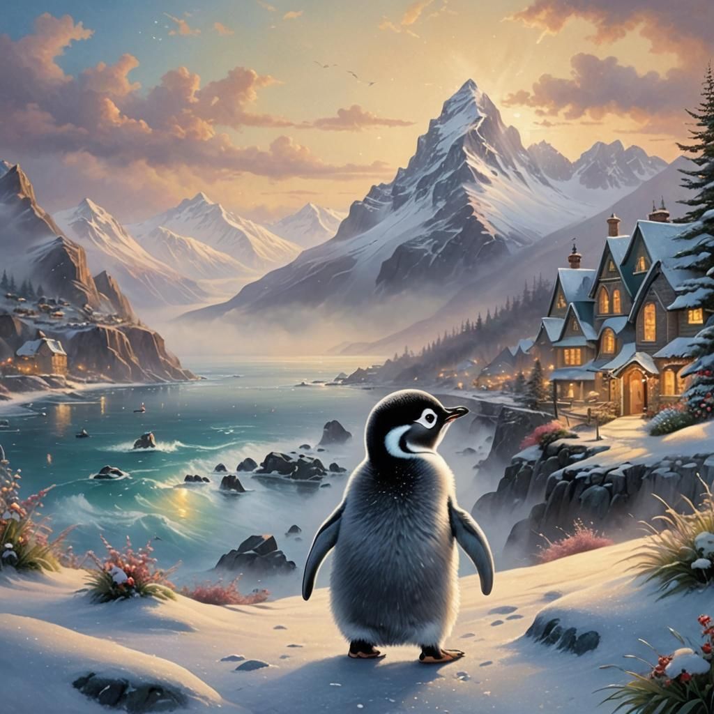 Baby Penguin in Snowy Ethereal Landscape
