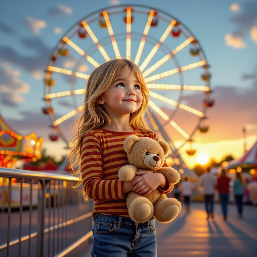 Joyful Girl at Carnival Ferris Wheel Sunset