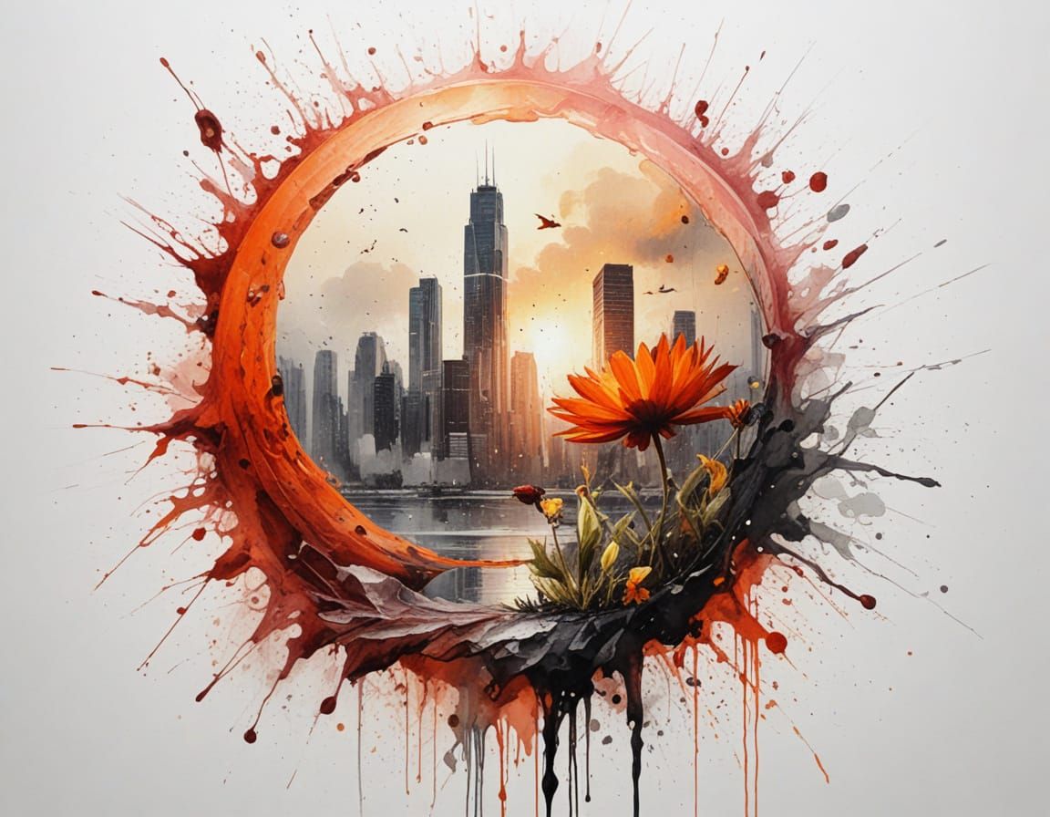 Surreal Wildflower on Wet Street Under Moody Sky