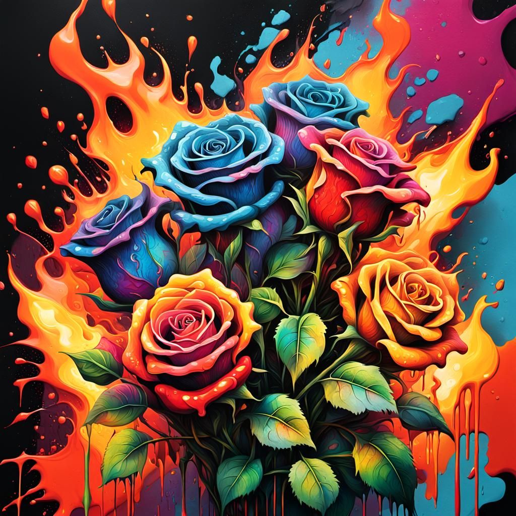 Flaming Roses in Vibrant Graffiti Art Style