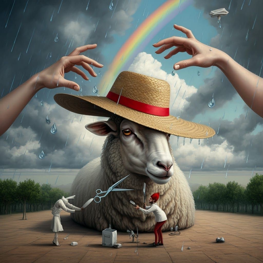Surreal Hands Reach for Giant Sheep in Sky