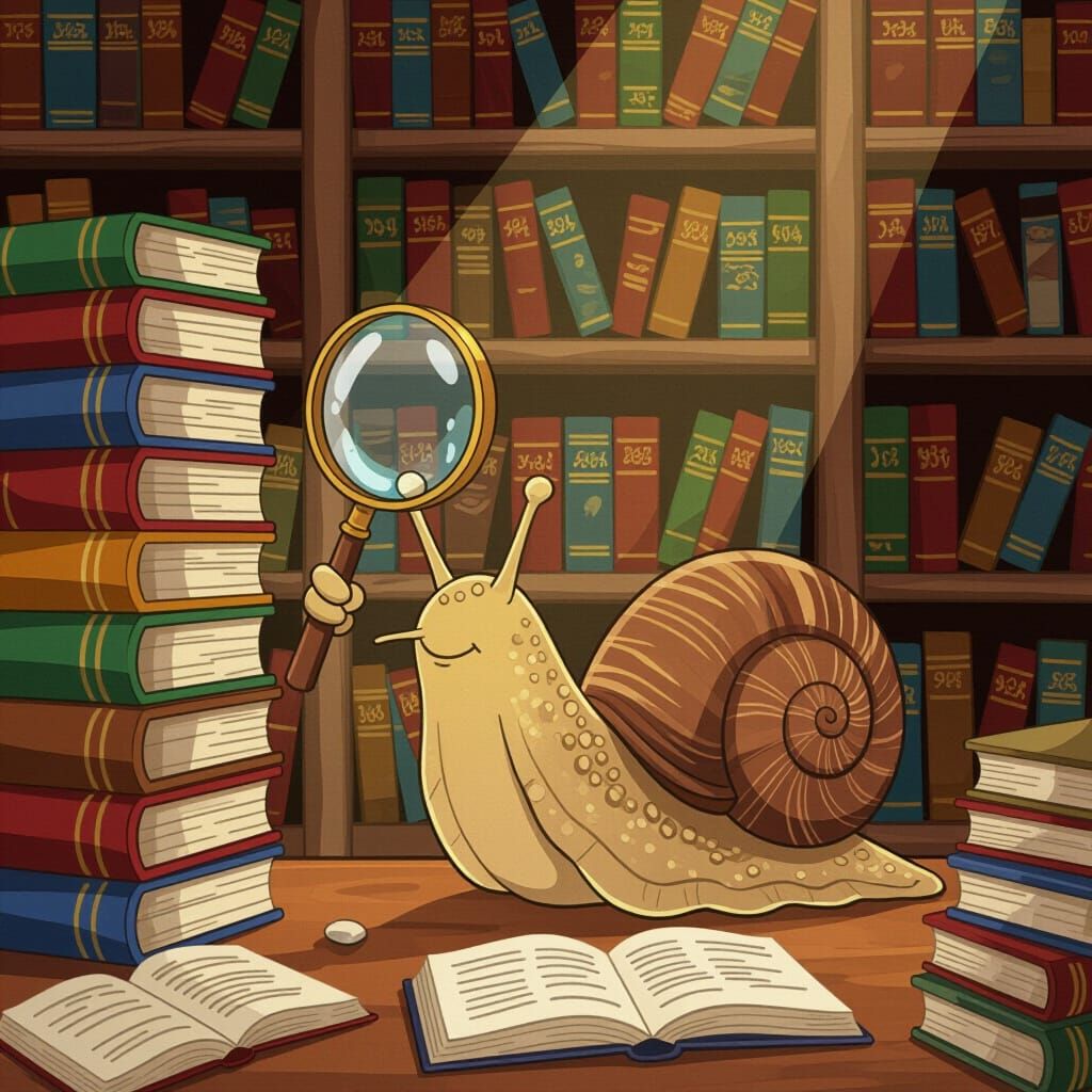 Cartoon Snail Detective Explores Bookshelf