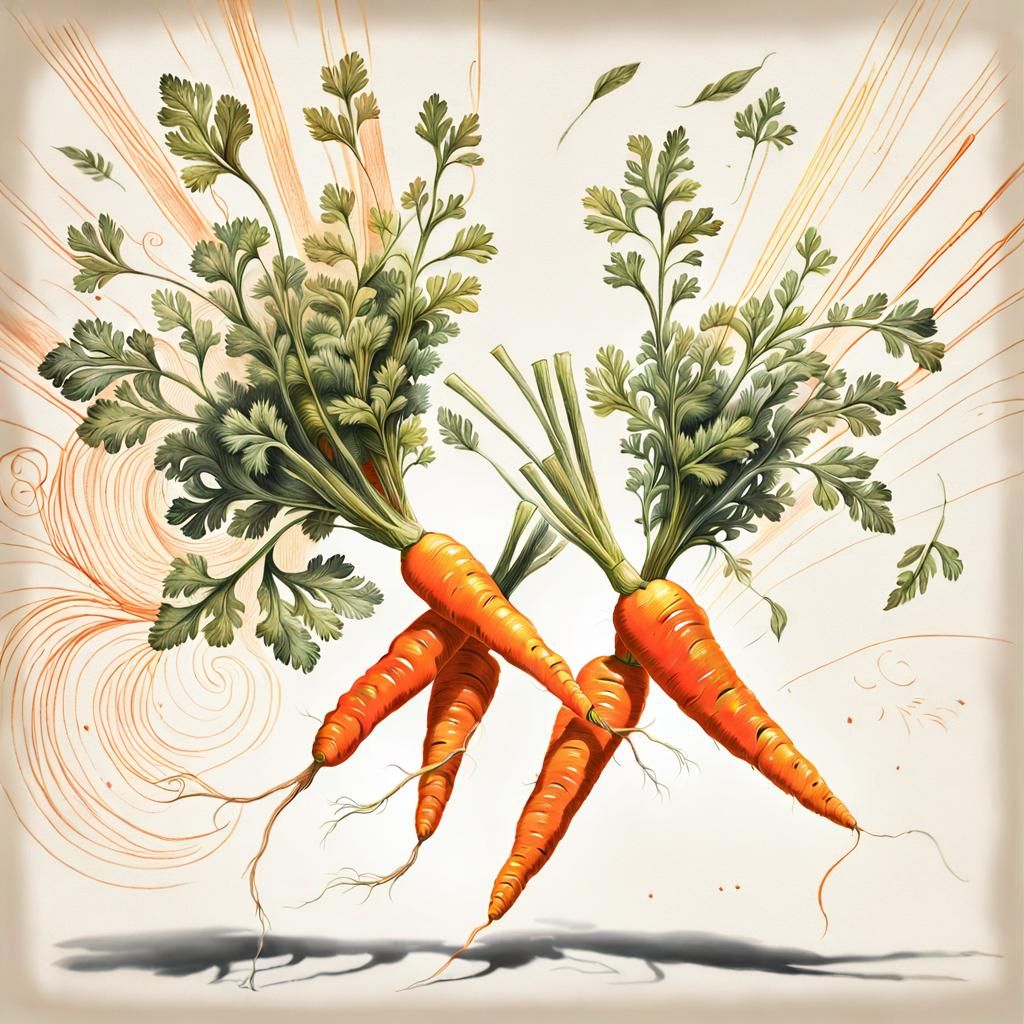 Surreal Carrots in Mid-Air Battle, Pencil Sketch