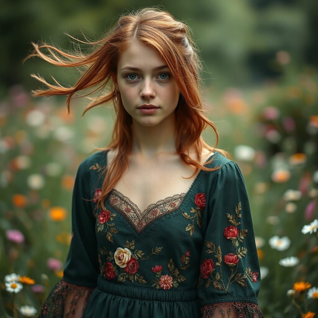 Ethereal Woman in Wildflower Field, Impressionistic Style