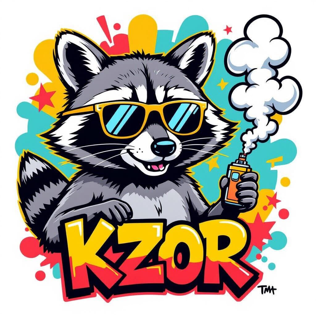 Graffiti Raccoon Logo: KZOR Vaping in Bold Art Style