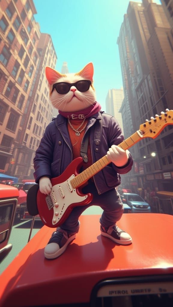Cat Guitarist on Bus in Cityscape