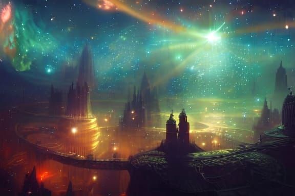 Steampunk City Under a Cosmic Starry Sky