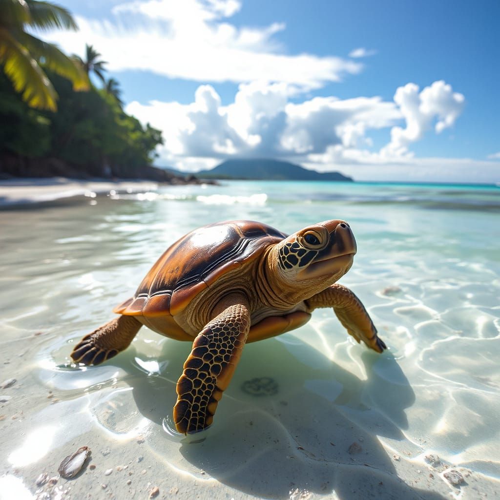 tortoise on a tropical beaches with glowing turquoise water