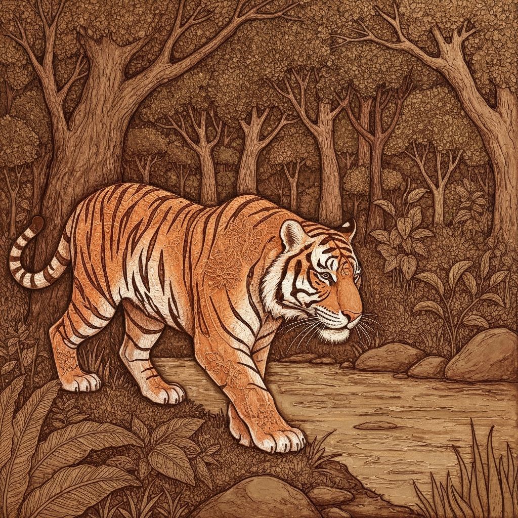 Tiger Hunt in Lush Forest: Air Dry Clay Art on Canvas