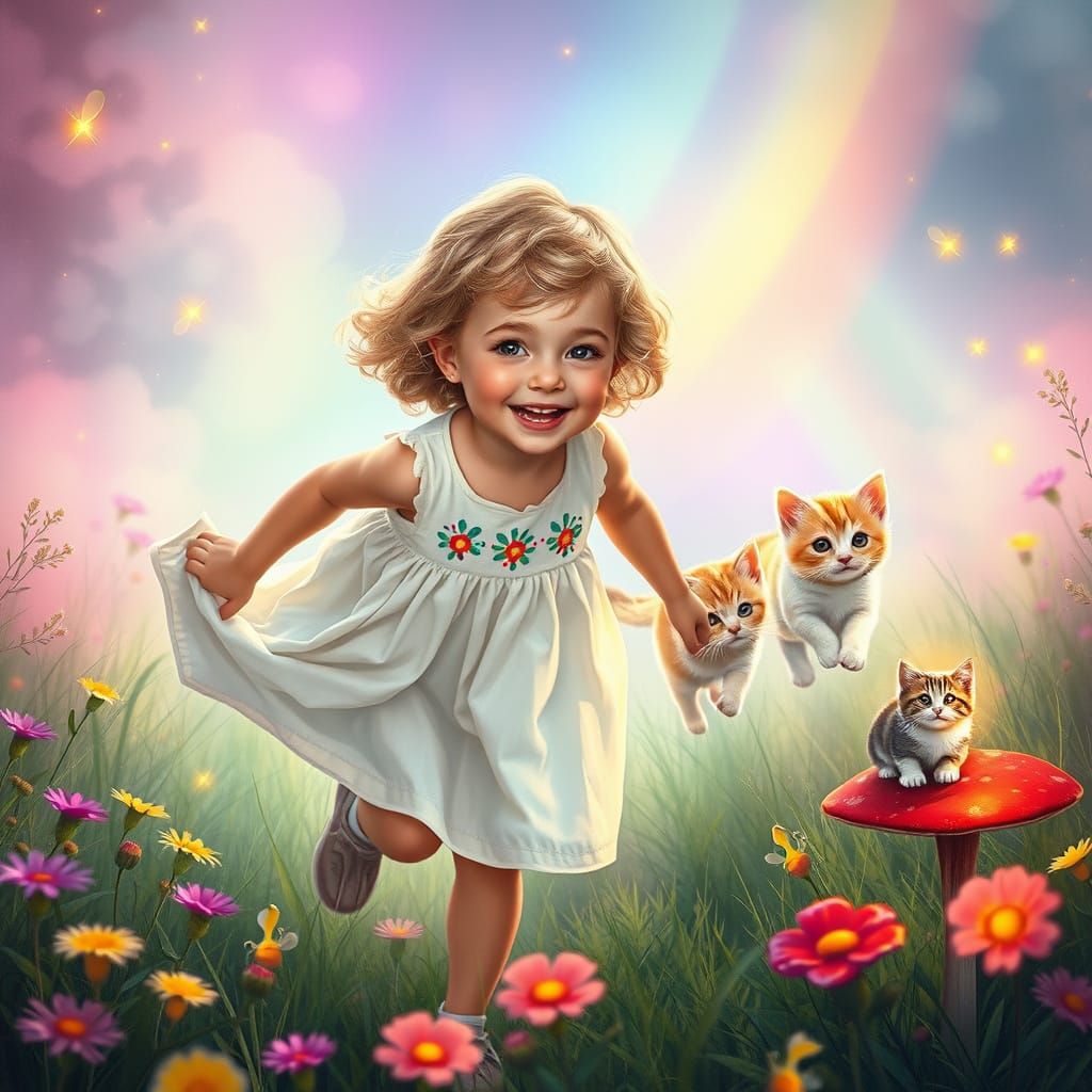 Girl Chasing Rainbow Kittens in a Vibrant Floral Meadow