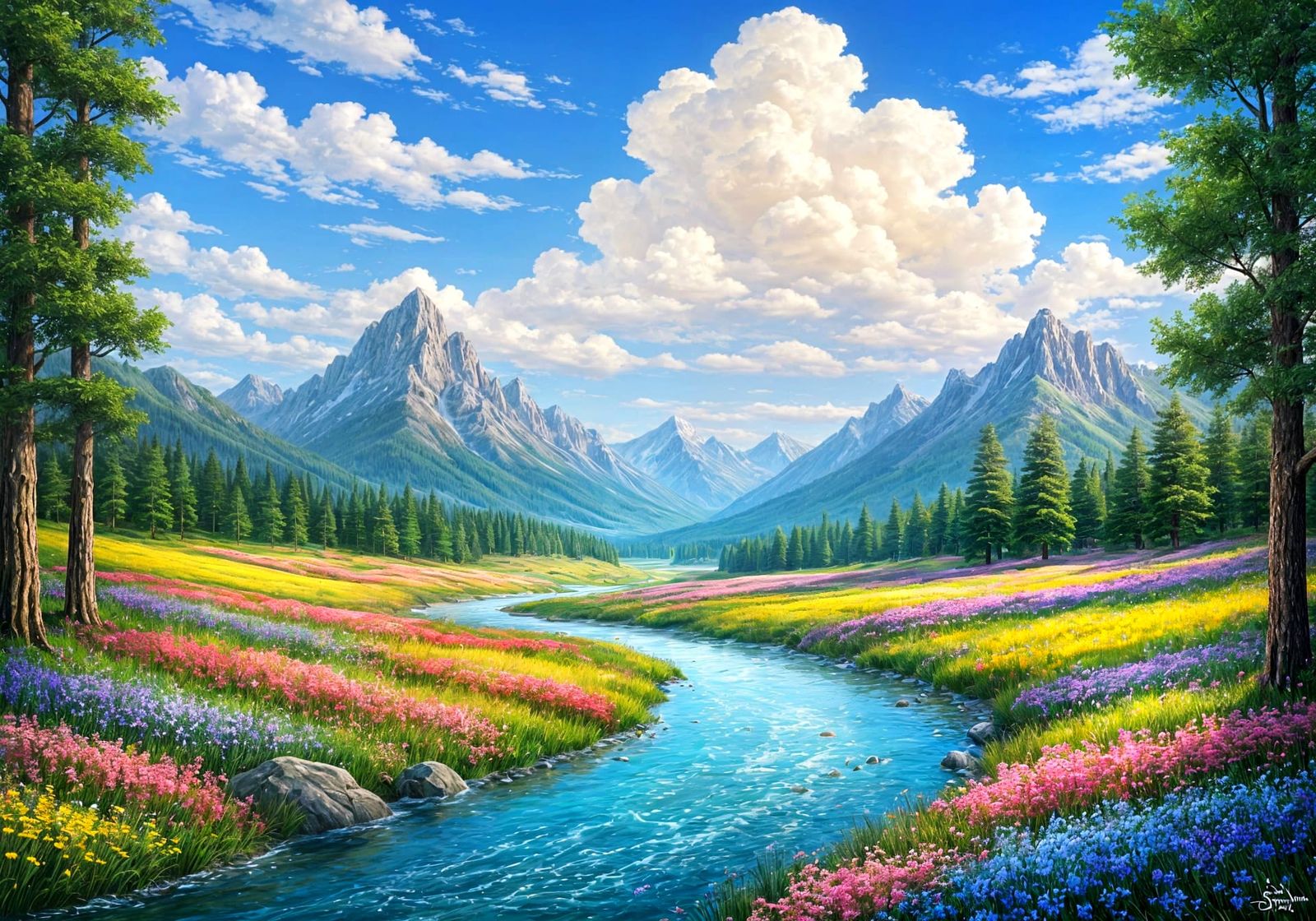 Fantasy Landscape: River, Mountains, and Seasonal Fields