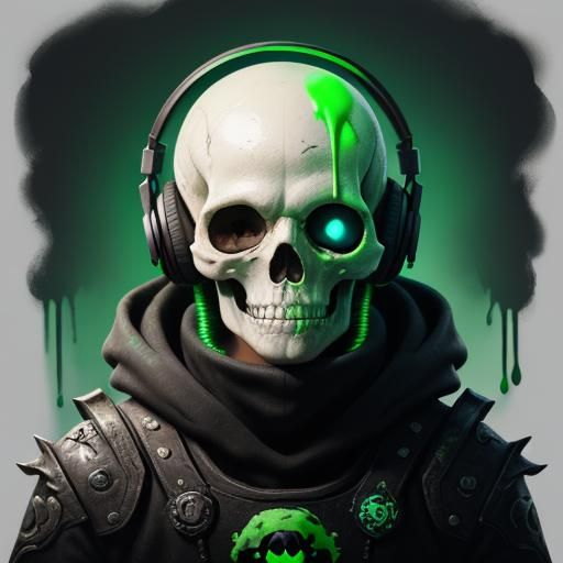 Green Slime Skull with Gaming Headset in Detailed Art