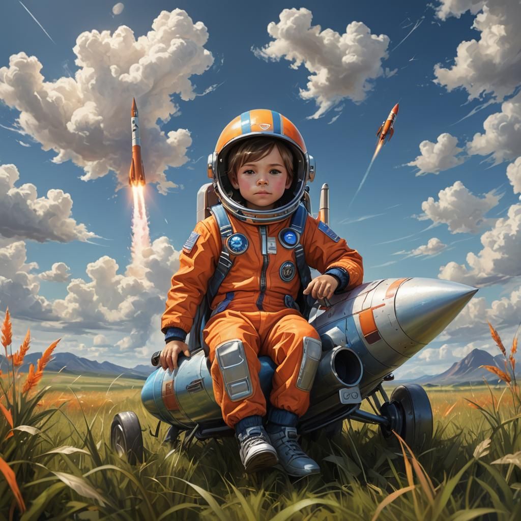 Child Astronaut on Rocket: Vibrant Digital Art