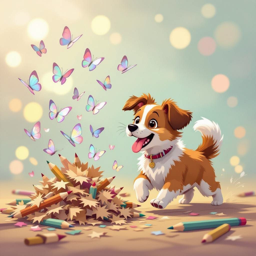 Playful Dog Chases Iridescent Butterflies in Dreamy Bokeh