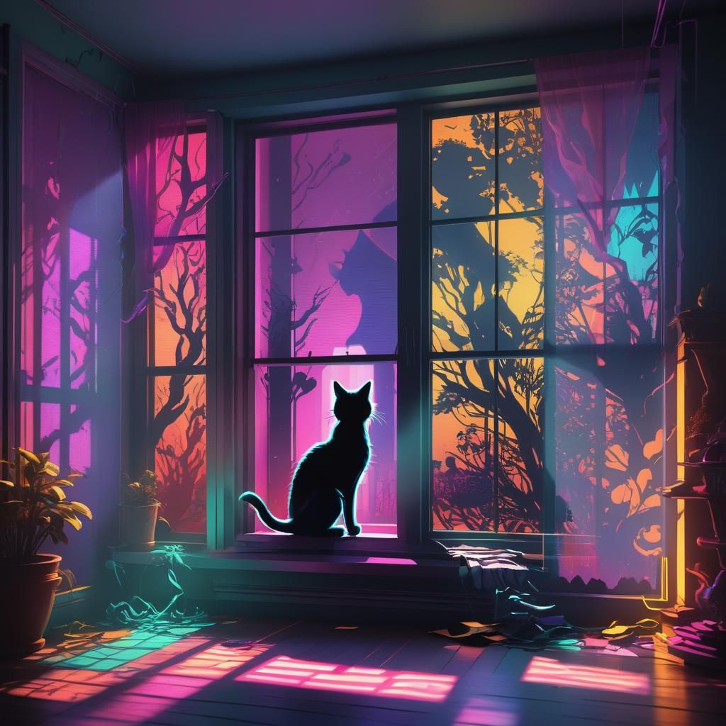 Neon Cat Silhouette in a Fantastical Room