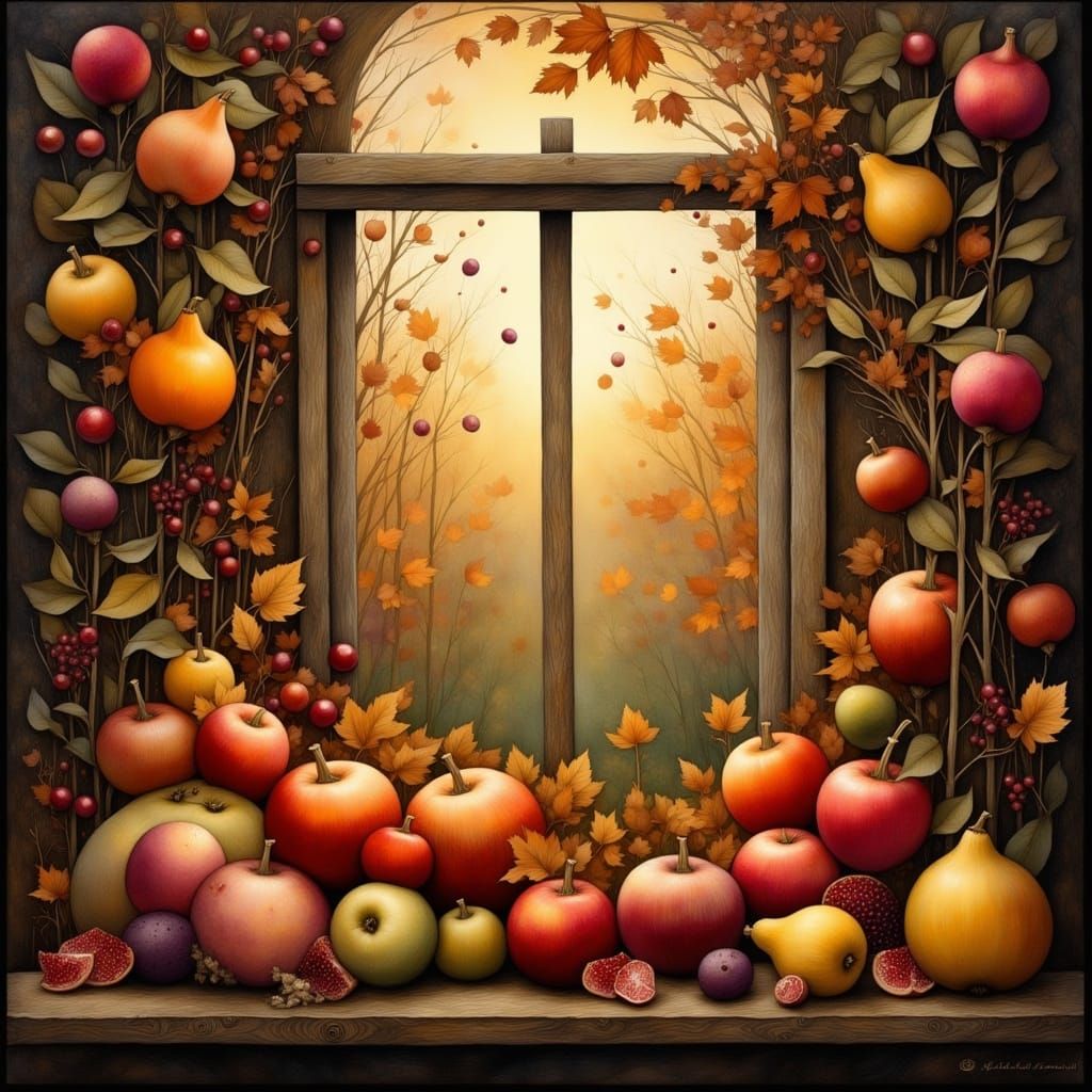 Autumn Fruit and Grasses in Window Frame