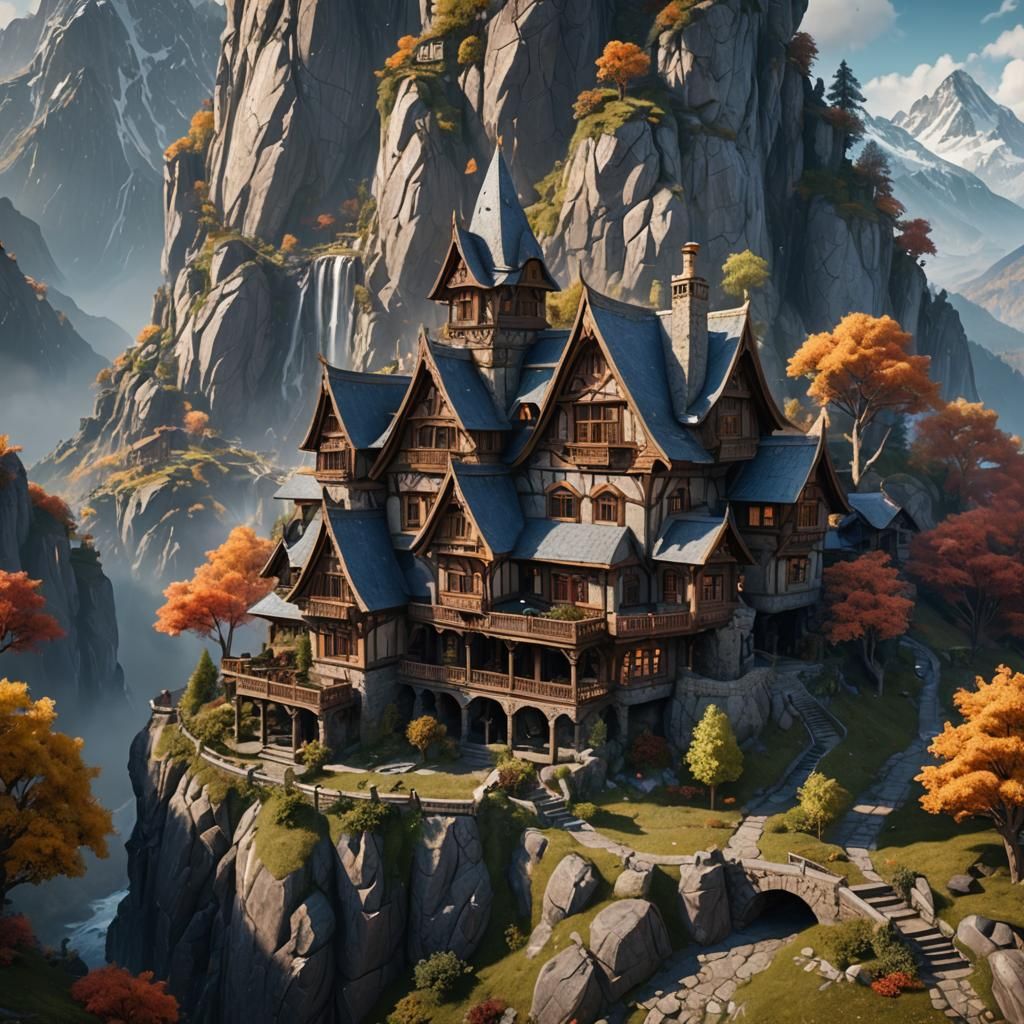 Mountain House: Detailed Matte Painting in Fantasy Style