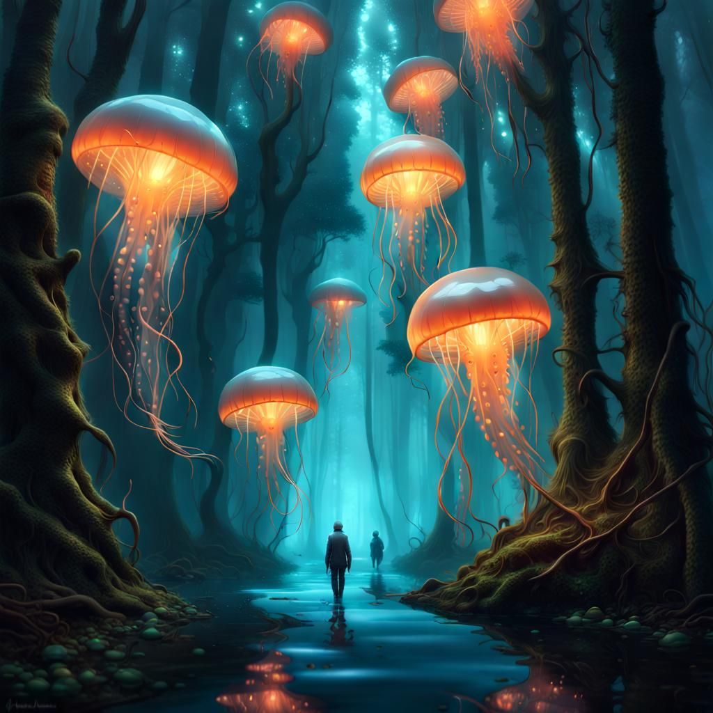 Surreal Forest with Jellyfish and Glowing Lanterns