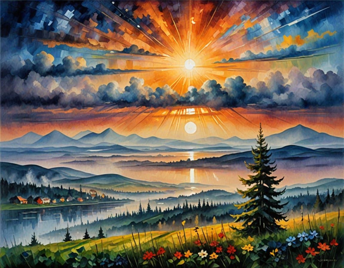 Ethereal Landscape with Midnight Sun and Crepuscular Rays