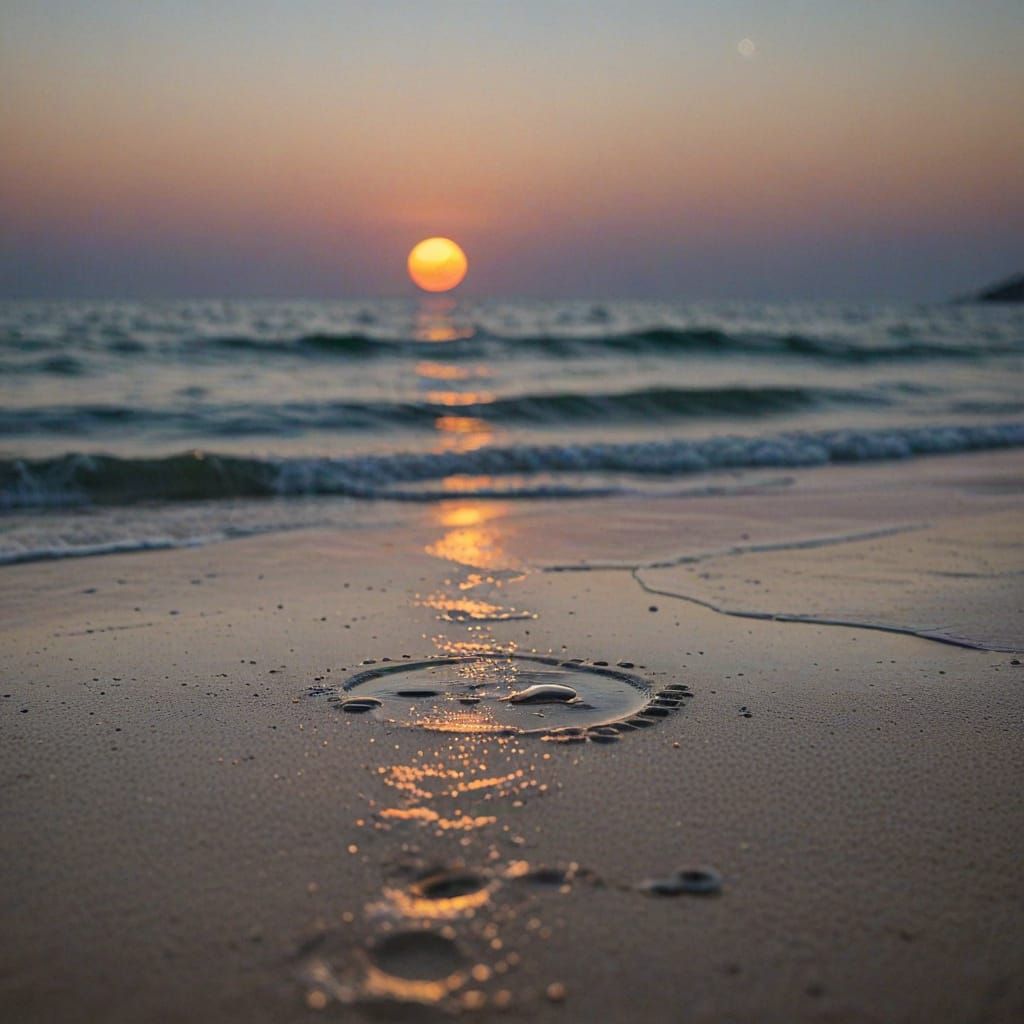 Romantic Sunset Beach Scene in Oil Painting Style