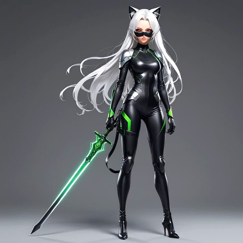 Cybernetic Cat Superheroine with Futuristic Sword