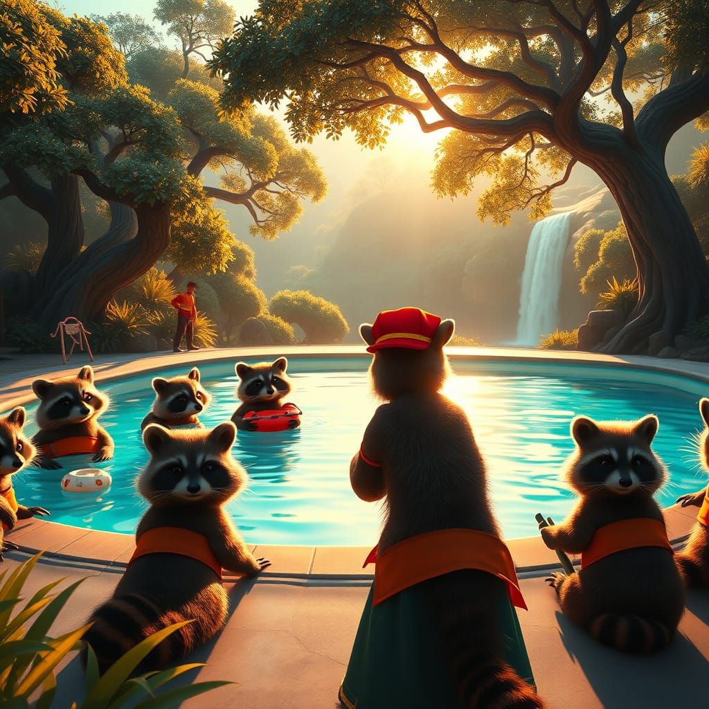 Whimsical Raccoon Lifeguards Train at Vibrant Charity Boot C...