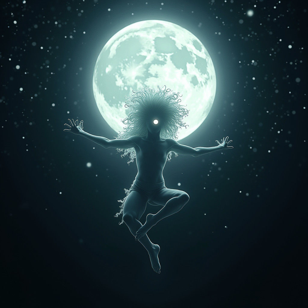 Ethereal Glowing Figure Under Moonlit Sky