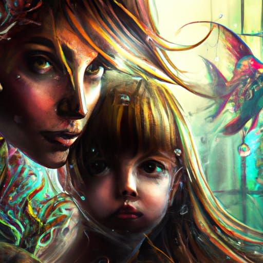 Mother and Daughter at Aquarium: Hyperdetailed Portrait