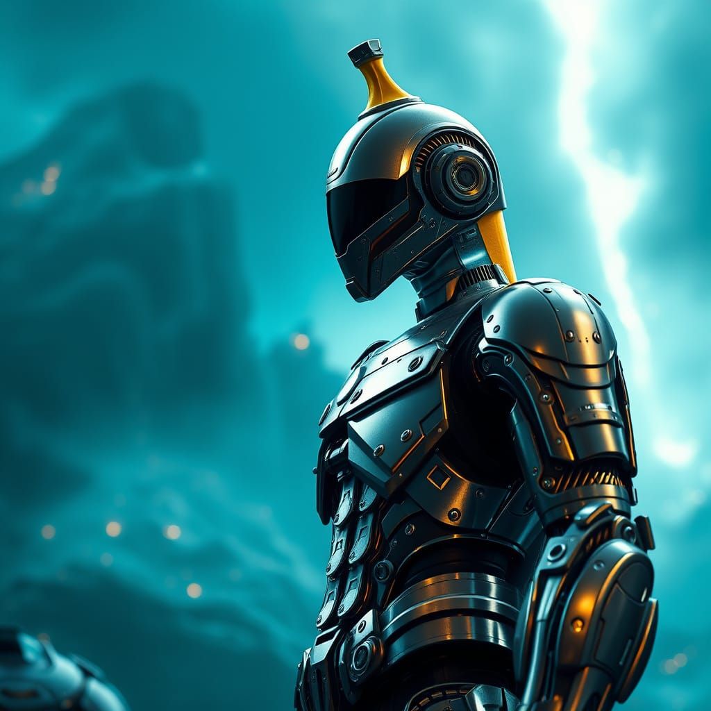 Heroic Banana Man in Futuristic Mech Exosuit