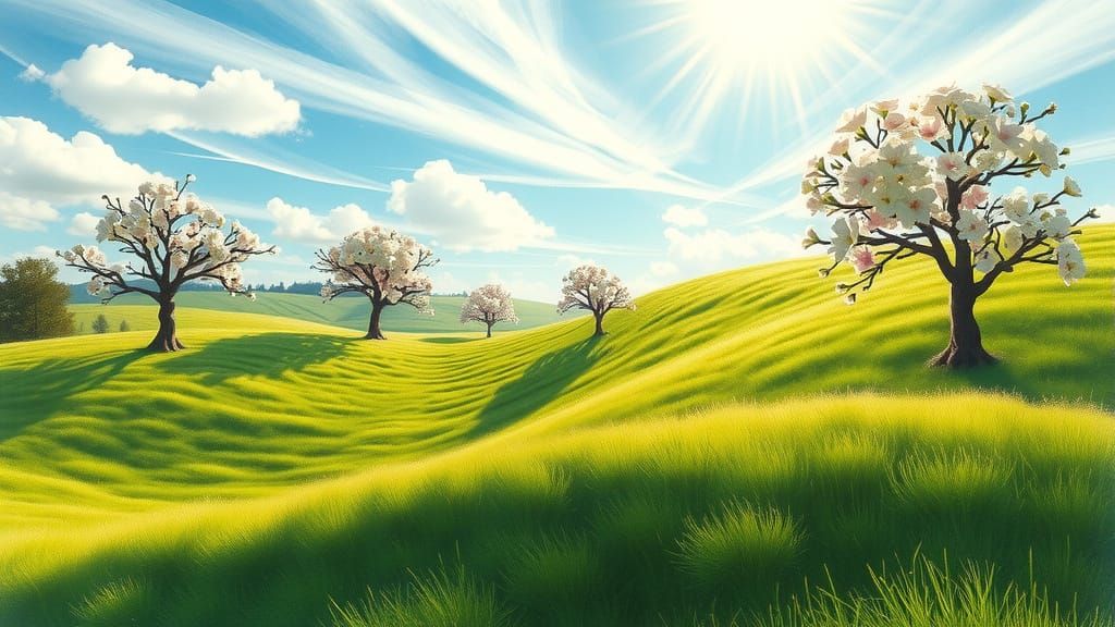 Vibrant Spring Landscape with Blossoming Trees and Rolling H...