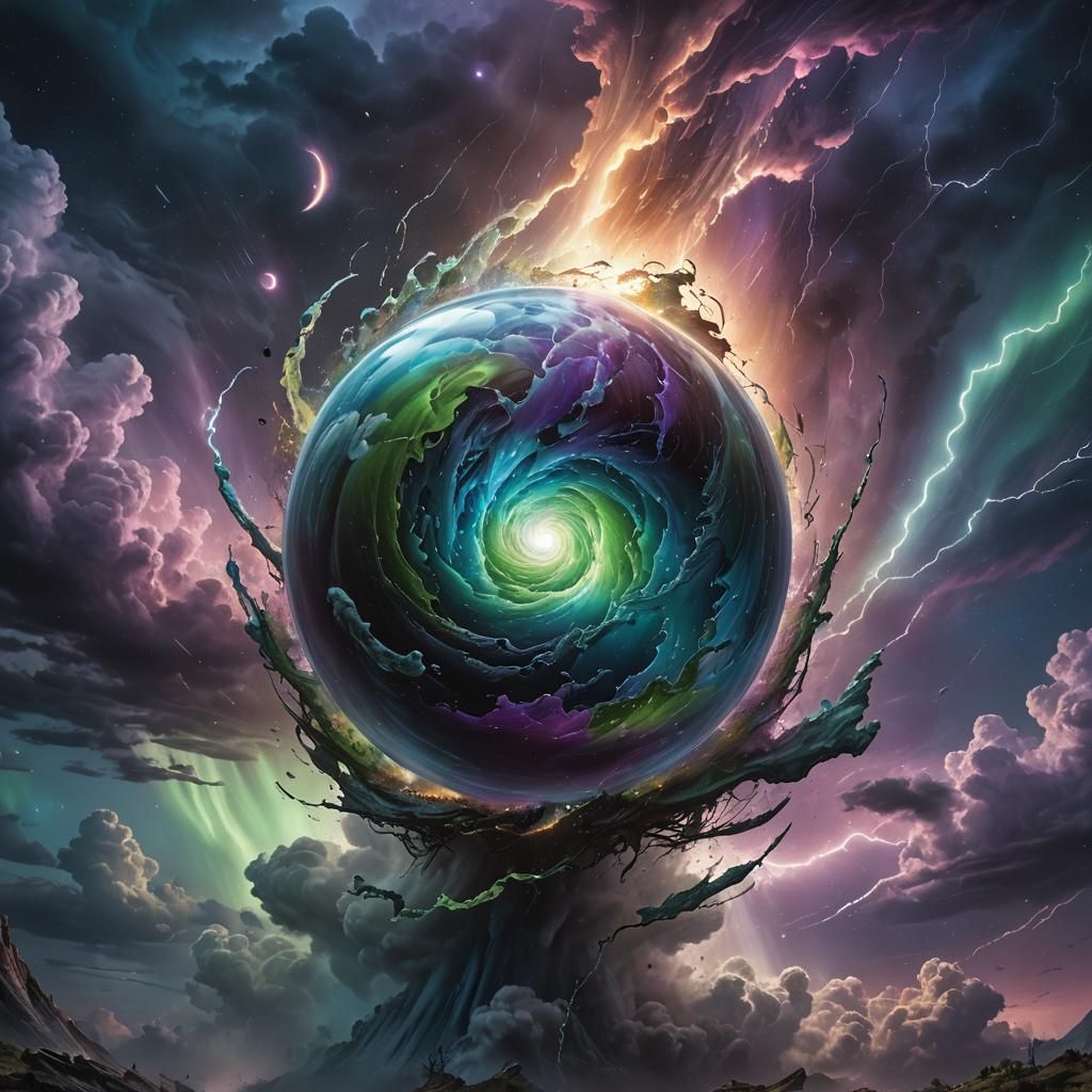 Iridescent Orb Above Tornado in Ash Thorp Style