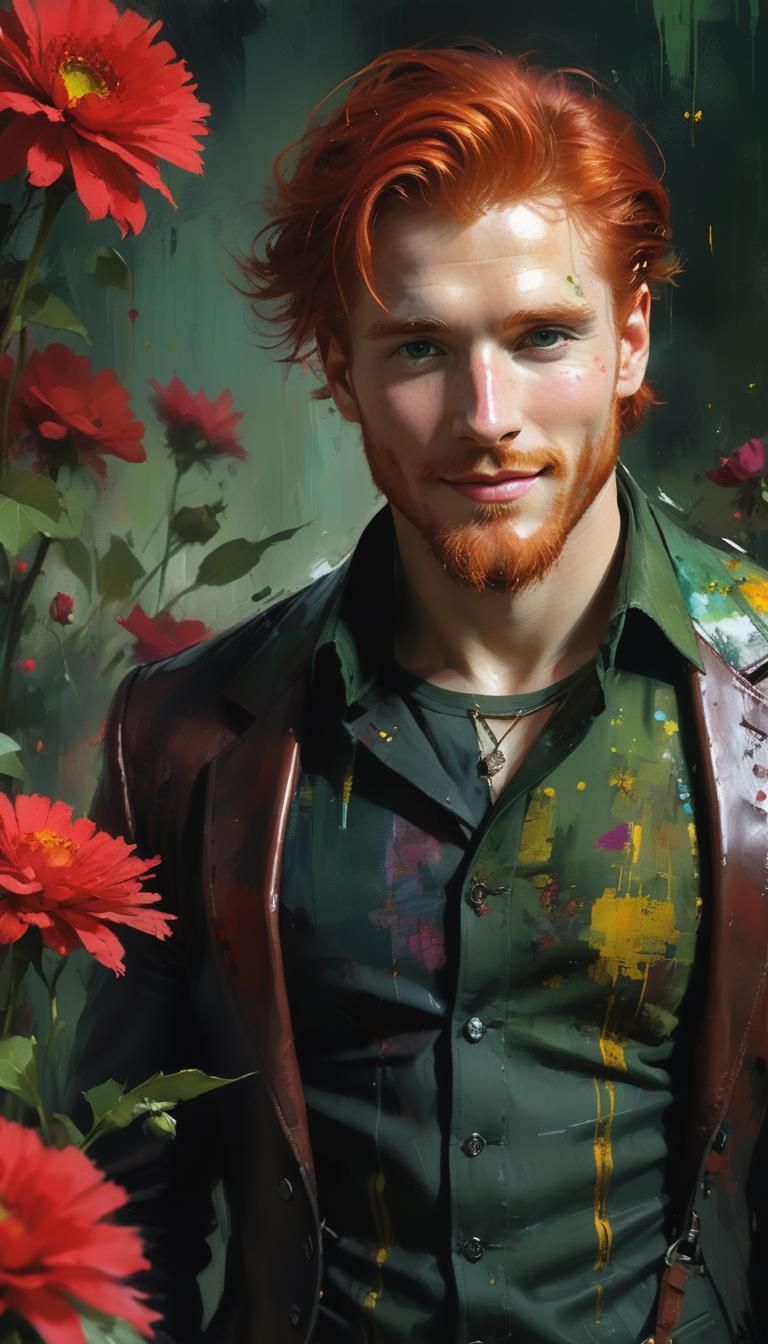 Red-Haired Man in Floral Fantasy: A Detailed Portrait