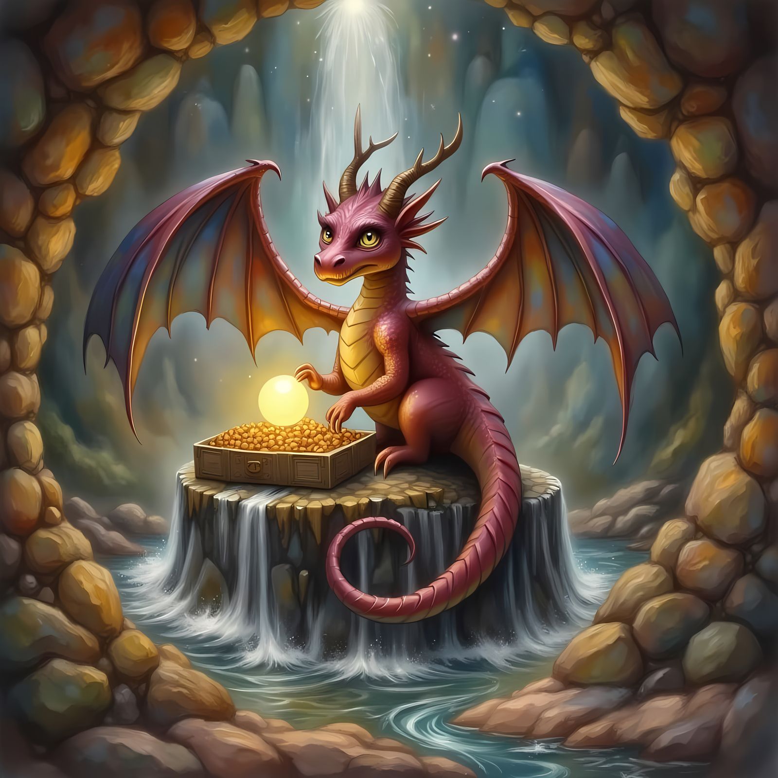 Magenta Dragon Guardian in Watercolor Cave