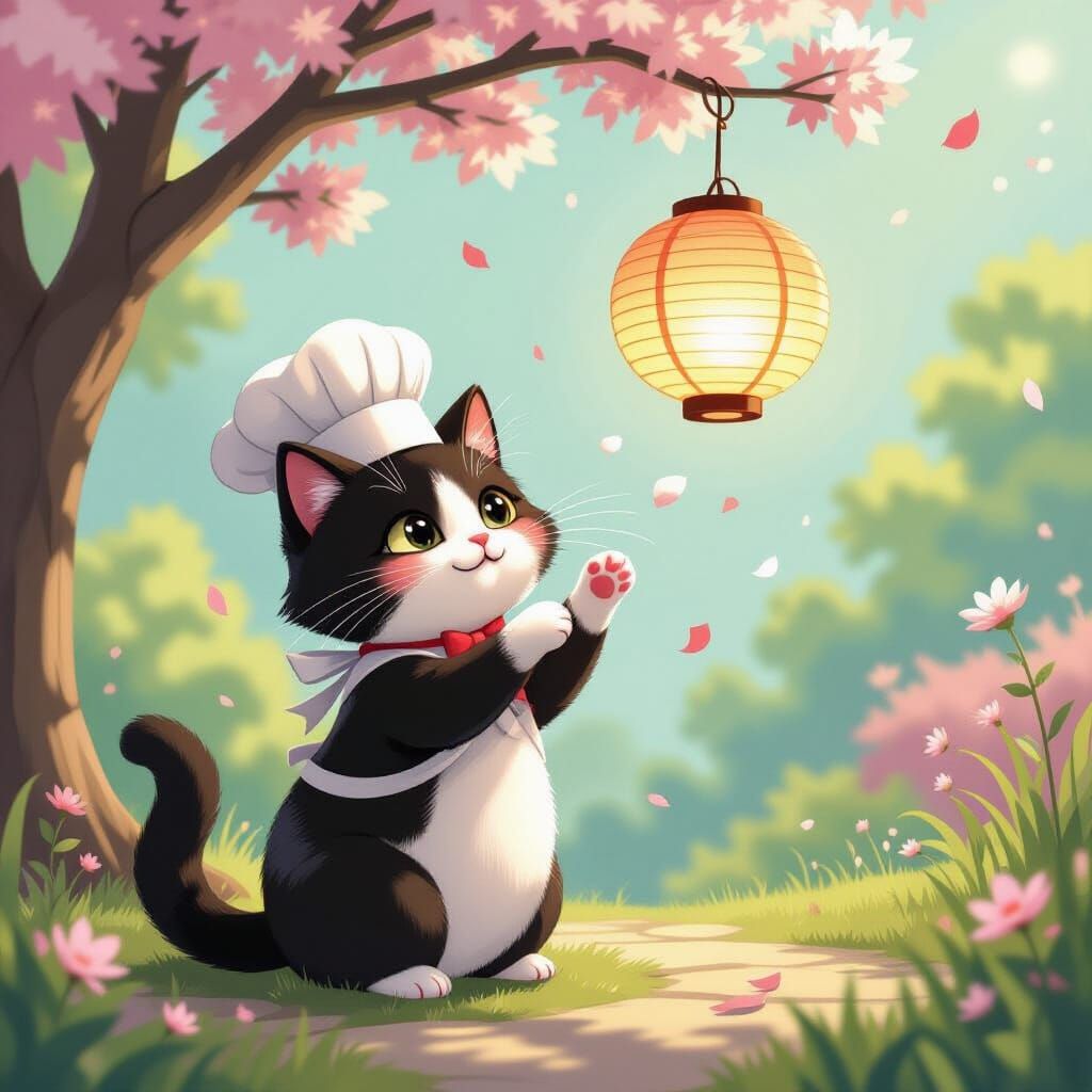 Whimsical Cat Chef in Surreal Garden
