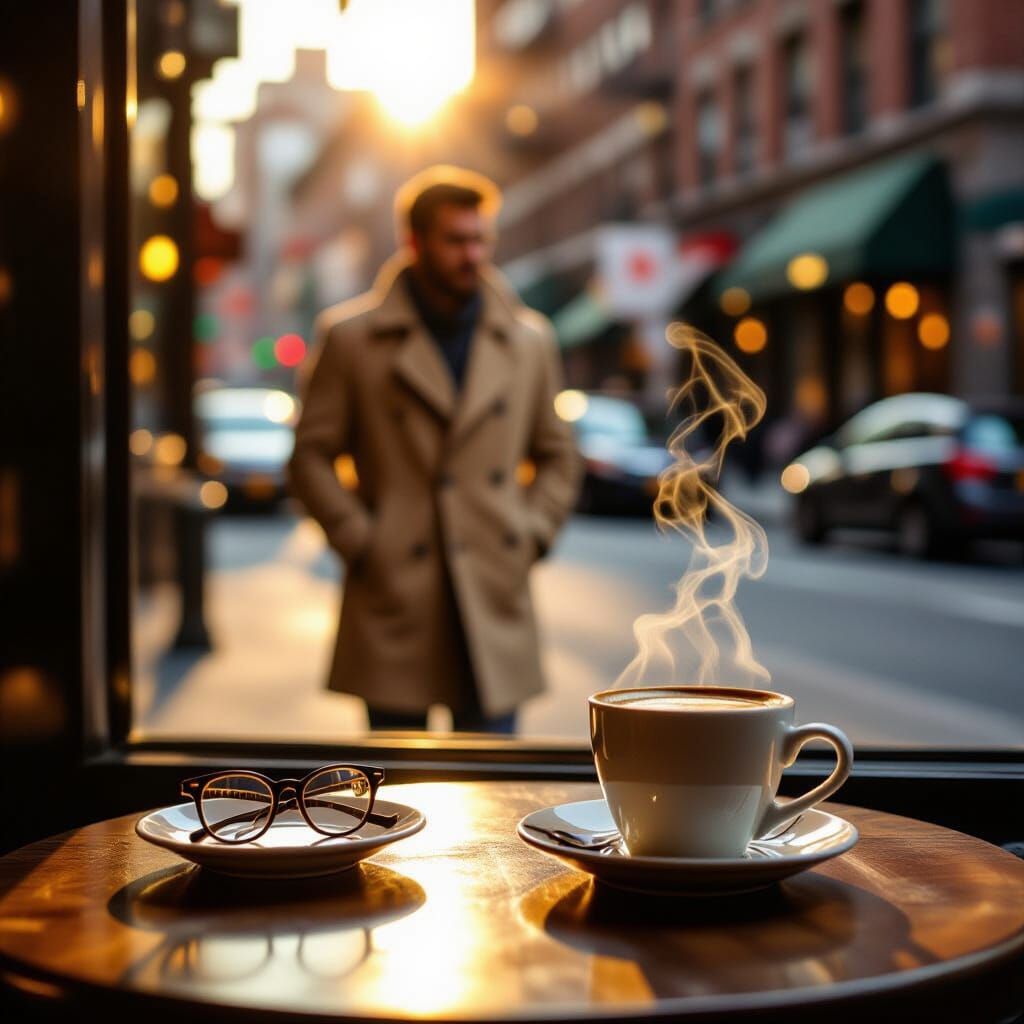 Cozy NYC Cafe Window with Eyeglasses and Coffee