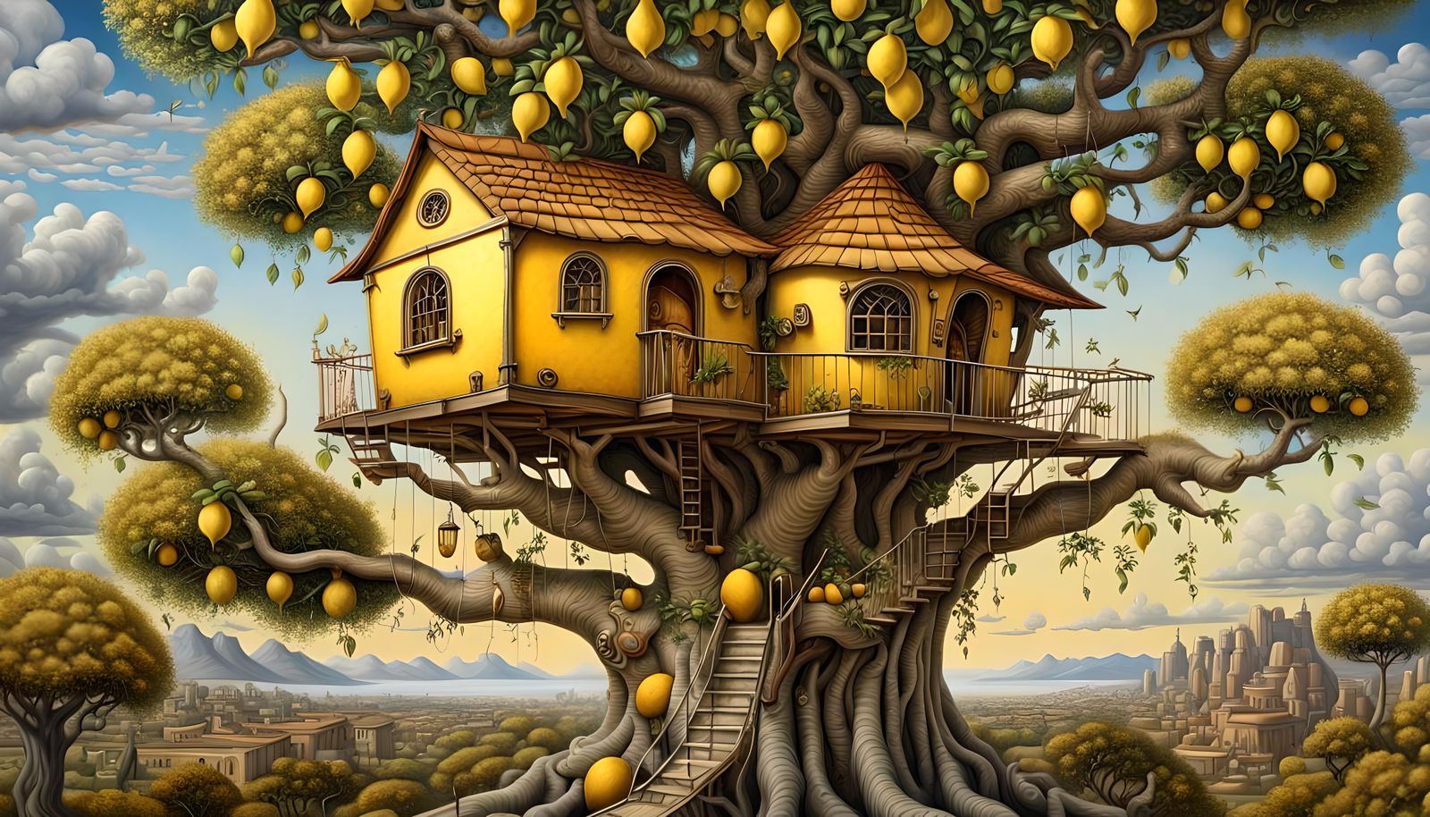 Surreal Lemon Treehouse Landscape in Acrylic Style